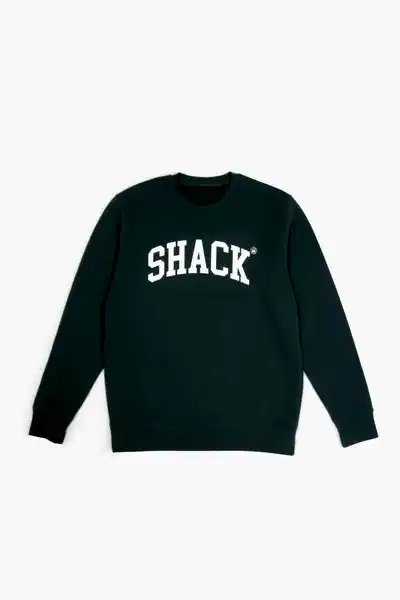 Forest green sweatshirt with the word "Shack" displayed across the chest
